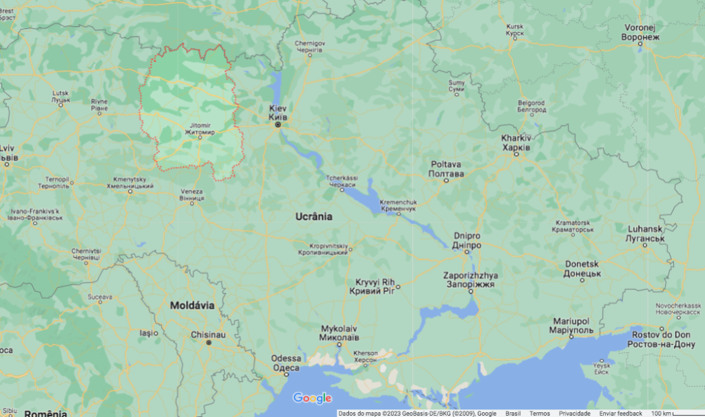 Mapa indica a posição do Oblast de Jitomir na fronteira da Ucrânia com Belarus