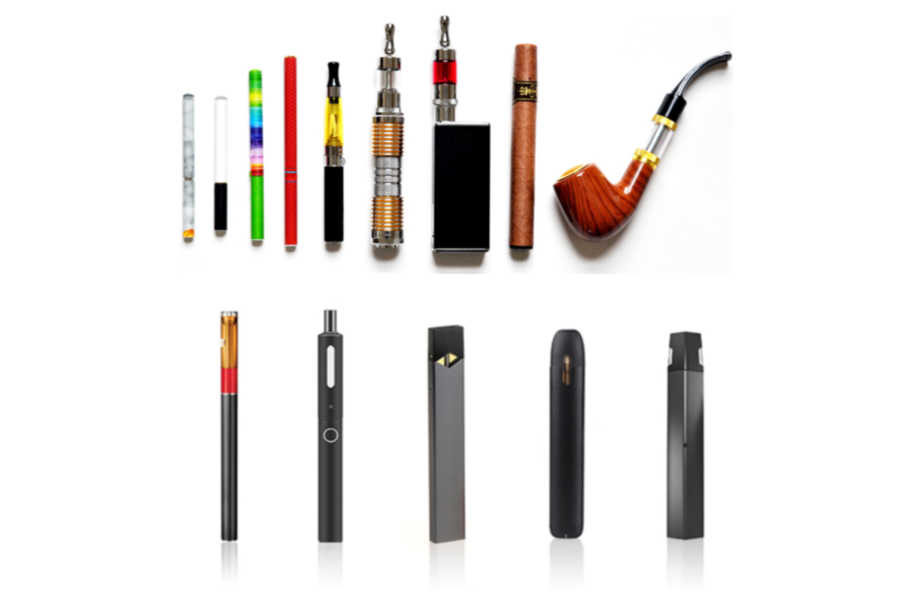 Vários tipos de cigarro eletrônico em fundo branco