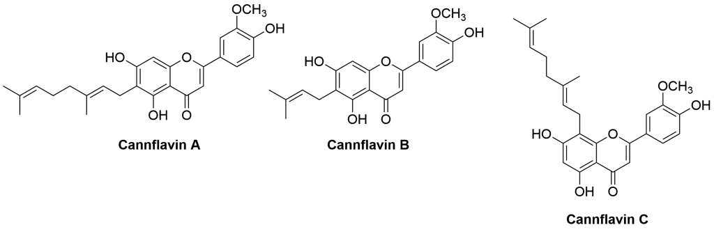 Estrutura química dos flavonoides exclusivos da Cannabis, as canflavinas A, B e C