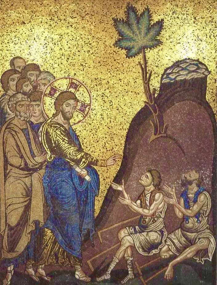 Reprodução de mosaico da Catedral de Monreale, na Itália, que representa Jesus curando pessoas cegas