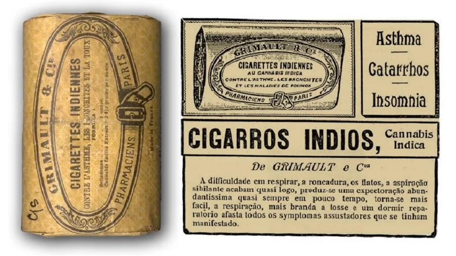À esquerda a embalagem dos "cigarros índios" e à direita o anúncio de jornal do produto à base de Cannabis da empresa Grimault & Comp, da França
