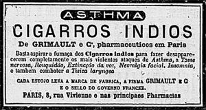 Anúncio dos "Cigarros Índios" da Grimault e Cia publicado no jornal Gazeta de Notícias, do Rio de Janeiro, em 1881