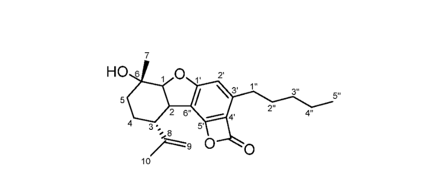 Ilustração da estrutura química do novo canabinoide canabielsoxa