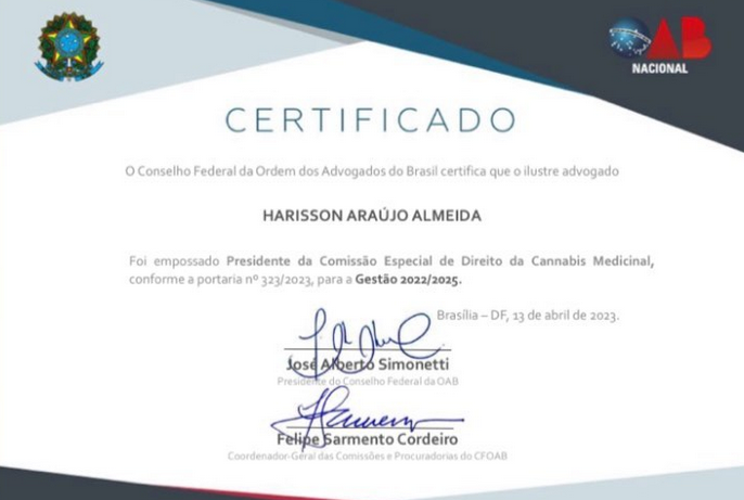 Certificado do Conselho Federal da Ordem dos Advogados do Brasil empossando o presidente da Comissão Especial de Direito da Cannabis medicinal