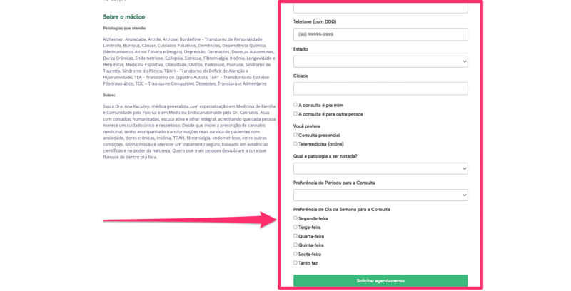 pagina agendamento medicos formulario cannabis saude