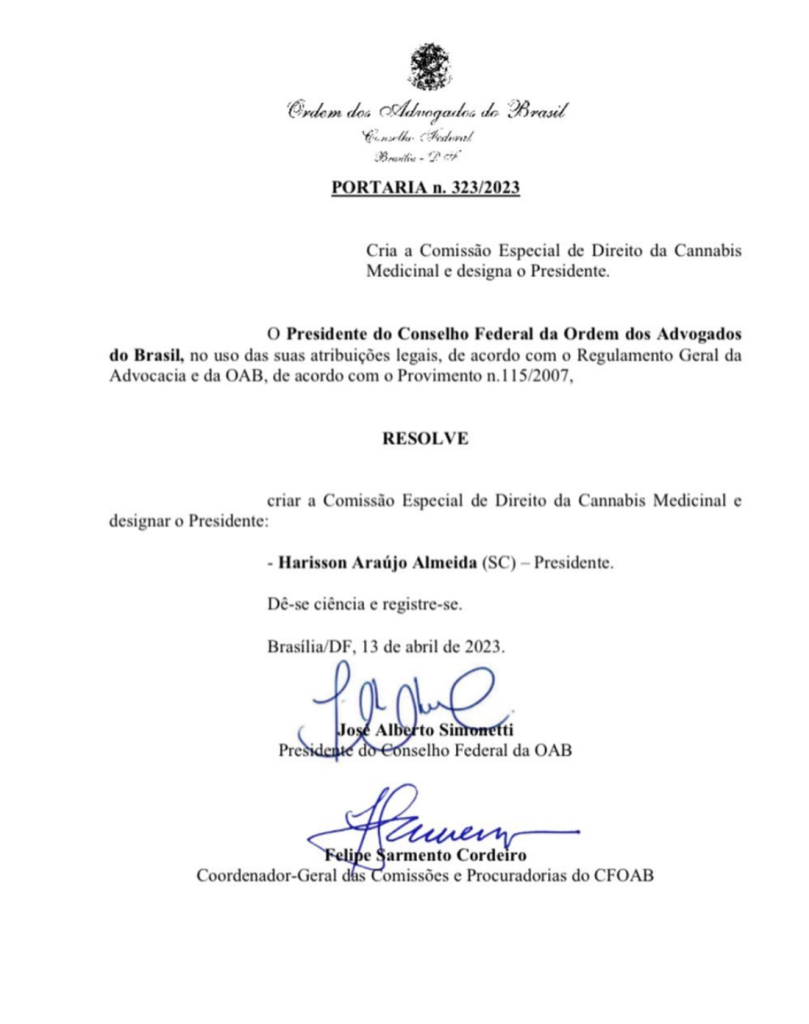 Portaria que oficializa a criação da Comissão Especial de Direito da Cannabis medicinal na OAB nacional