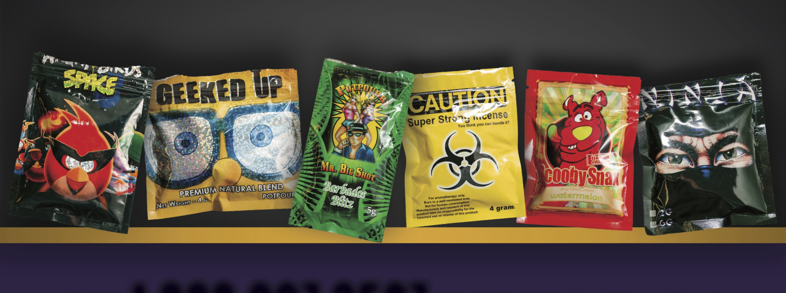 Embalagens com maconha sintética, vendida como incenso para driblar a lei