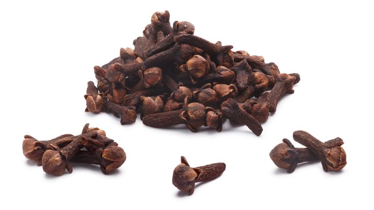 Uma porção de cravos-da-índia em fundo branco
